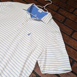 Men's L Johnnie O Hang Ten Surfer Polo Shirt White Blue Stripes